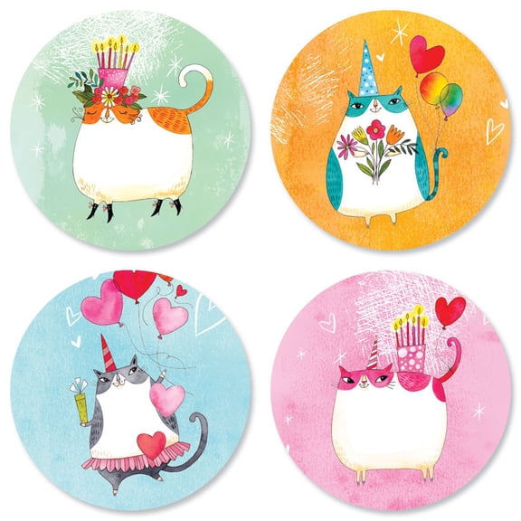 Feline Fabulous Envelope Seals - Set of 24 (4 Designs), Round Self-Adhesive Seals, Birthday