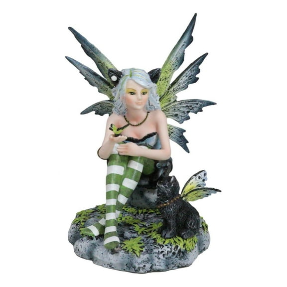 Feline Fairy In Green White Striped Leggings With Black Fae Winged Cat Figurine