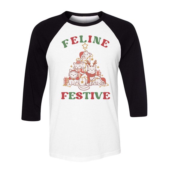 Feline Festive Three-Quarter Raglan Sleeve Baseball Shirt Unisex Medium White/Black