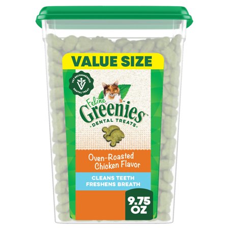Greenies Feline Oven Roasted Chicken Flavor Adult Natural Dental Cat Treats, 9.75 oz Tub