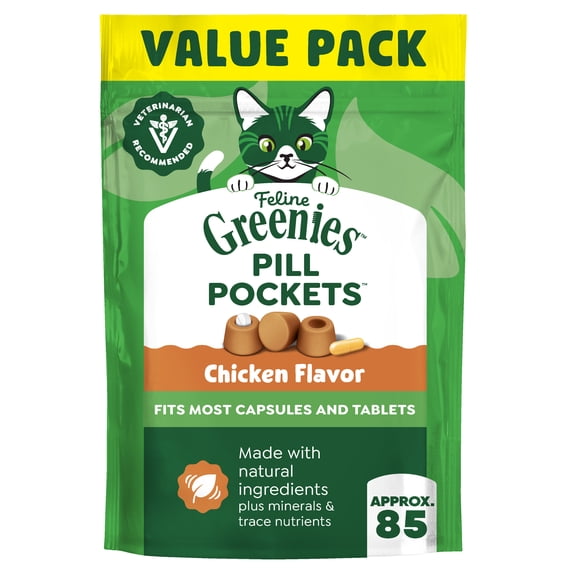 Greenies Feline Chicken Flavor Pill Pockets For Cats Soft Cat Treats, 3 oz Pouch (85 Count)