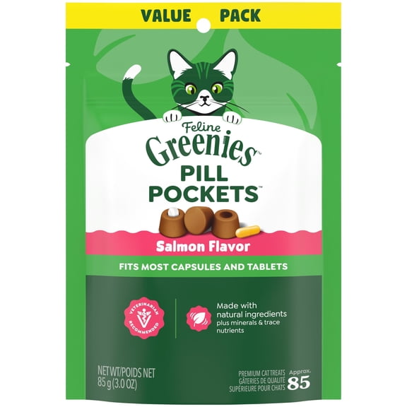 Greenies Feline Salmon Flavor Pill Pockets For Cats Soft Cat Treats, 3 oz Pouch (85 Count)