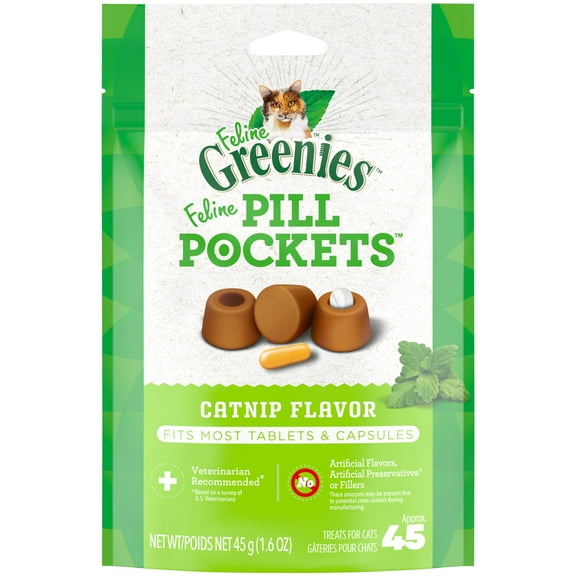 Feline Greenies Pill Pockets For Cats Natural Soft Cat Treats, Catnip Flavor, 1.6 Oz Pack (45 Treats)