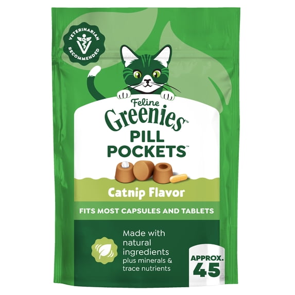 Feline Greenies Pill Pockets For Cats Natural Soft Cat Treats, Catnip Flavor, 1.6 Oz Pack (45 Treats)
