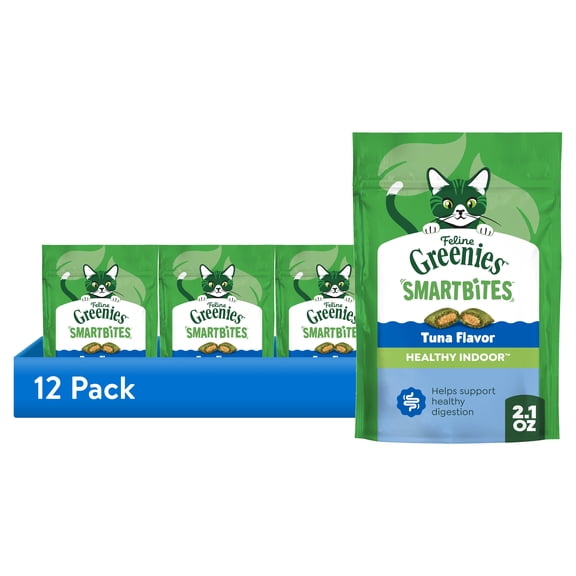 (12 pack) Greenies Feline Smartbites Tuna Flavor Healthy Indoor Cat Treats, 2.1 oz Pack