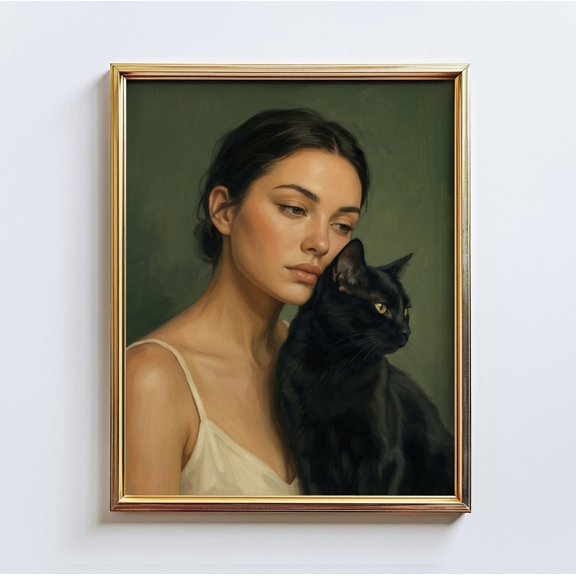Feline Muse Woman Black Cat Wall Art Home Decor Unframed Paper Print