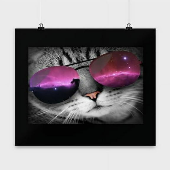 Feline Poster, Funky Cat In Space Travel, Funny Cat Wall Art Gift, Black 13x13in Poster