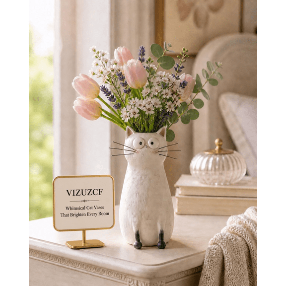 Feline Shaped Vase – Handmade Whimsical Ceramic Decor, Cute Artistic Sculpture Pot | Unique Desktop Display Accent, Elegant Home Shelf Decoration for Pet Lovers Interior Style