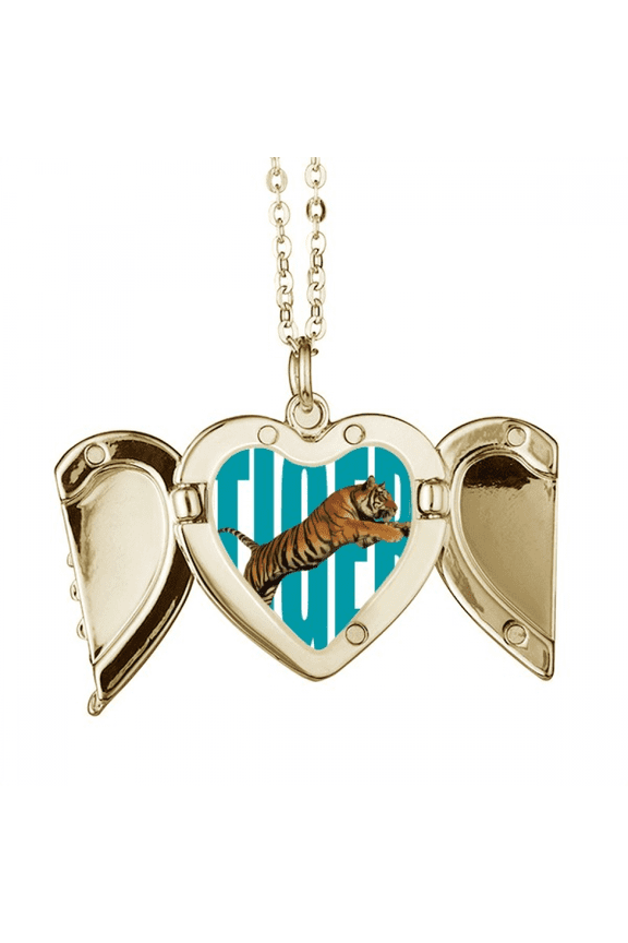 Feline Tigers Ferocious Art Deco Fashion Folded Wings Peach Heart Pendant Necklace