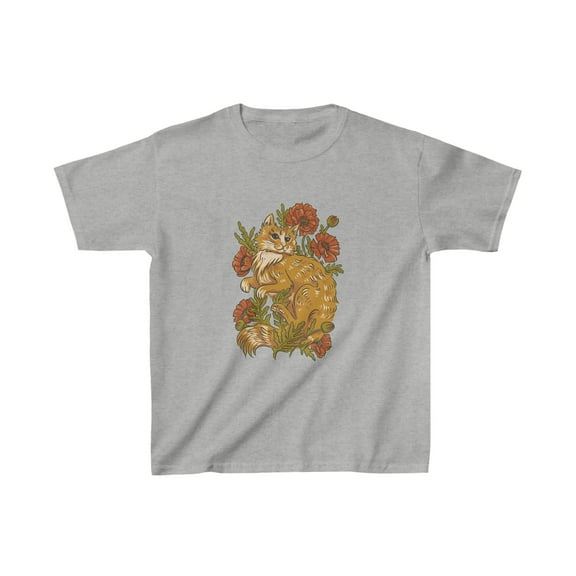 "Feline in Bloom" Kids T-Shirt - Adorable Yellow Cat on a Bed of Roses.