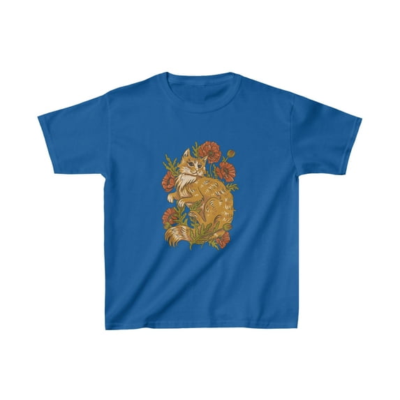 "Feline in Bloom" Kids T-Shirt - Adorable Yellow Cat on a Bed of Roses.