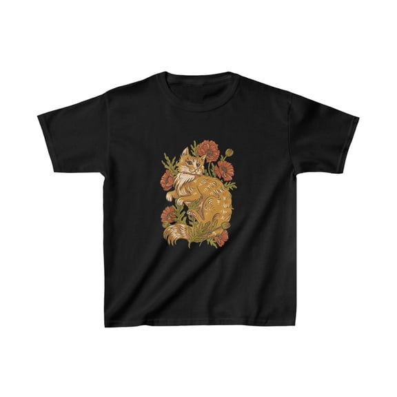 "Feline in Bloom" Kids T-Shirt - Adorable Yellow Cat on a Bed of Roses.