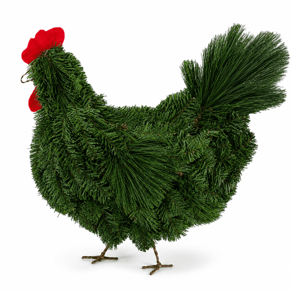 Felinux Artificial Pine Rooster Decoration, Green Christmas Chicken Tabletop Decor