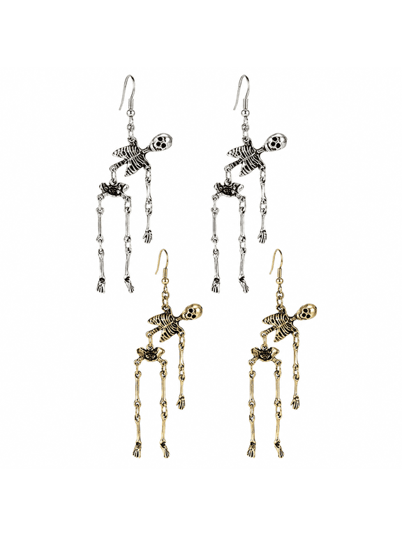 Skeleton Dangle Earrings, Silver and Bronze Tone, 2 Pairs