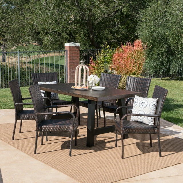 Felipe Outdoor 7 Piece Stacking Wicker and Concrete Dining Set, Brown Stone, Black, Multibrown