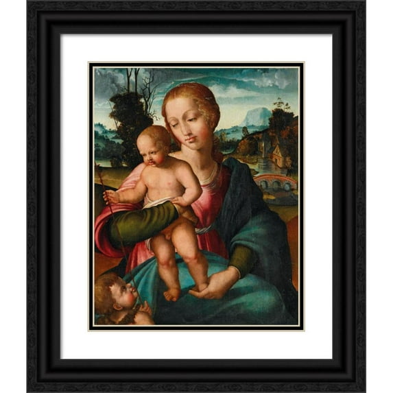 Felipe Pablo de San Leocadio 12x14 Black Ornate Wood Framed Double Matted Museum Art Print Titled: The Madonna and Child, with the Infant Saint John the Baptist