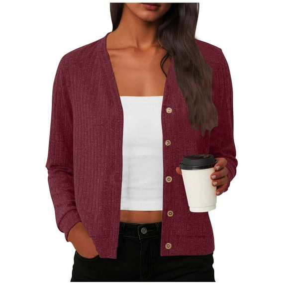 Women's Knitted Cardigan Long Sleeve Button V-Neck Sweater Overcoat Casual Fall Outwear