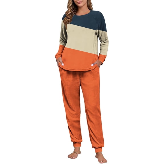 Felirenzacia 2 Pieces Thermal Fleece Lined Pajama Sets for Women, Casual Striped Color Block Sweatshirt Loungewear, Winter Warm Long Sleeves Shirt Pullover with Cuffed Long Pants