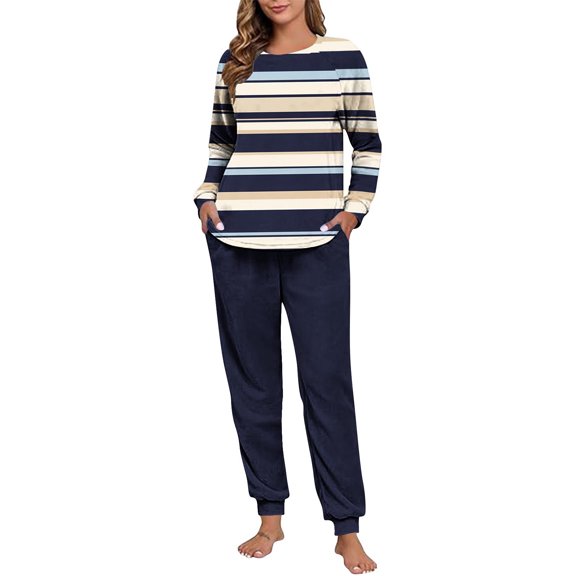Felirenzacia 2 Pieces Thermal Fleece Lined Pajama Sets for Women, Winter Warm Long Sleeves Shirt Pullover with Cuffed Long Pants， Casual Striped Color Block Loungewear