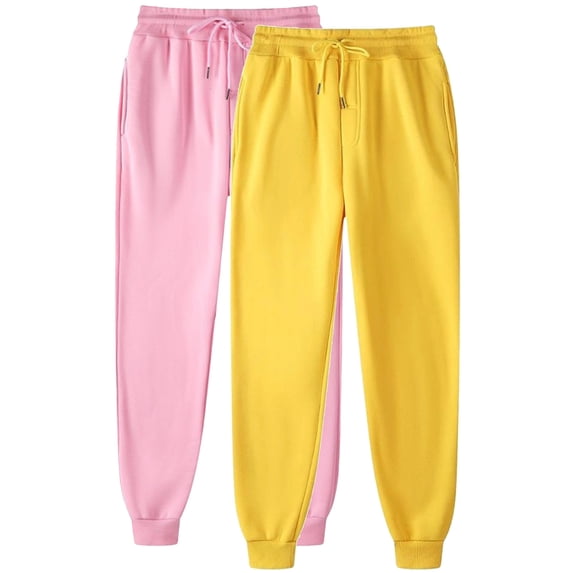 Felirenzacia 2PC Unisex Solid Cuffed Sweatpants with Pockets Long Tapered Athletic Pants Pink & Yellow,XXL