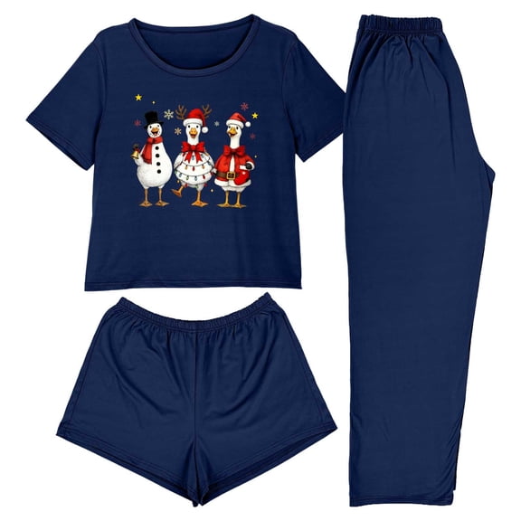 Felirenzacia 3PCS Women's Pajamas Set, Casual Loungewear with Pants Short Sleeves Tops And Shorts, Lightweight Soft Sleepwear for Christmas