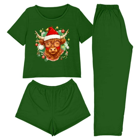 Felirenzacia 3PCS Women's Pajamas Set for Christmas, Casual Printed Loungewear with Pants Short Sleeves Tops And Shorts, Lightweight Soft Sleepwear