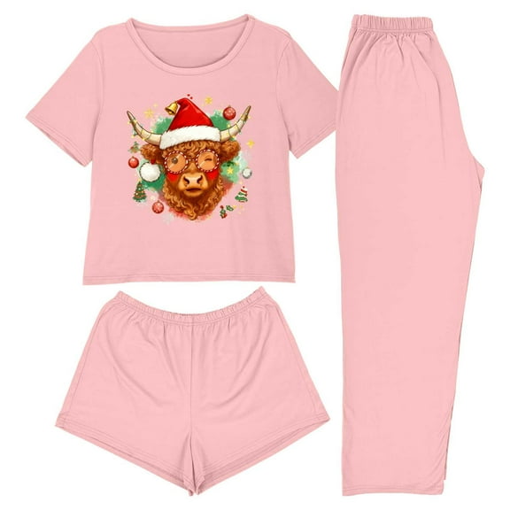 Felirenzacia 3PCS Women's Pajamas Set for Christmas, Casual Printed Loungewear with Pants Short Sleeves Tops And Shorts, Lightweight Soft Sleepwear
