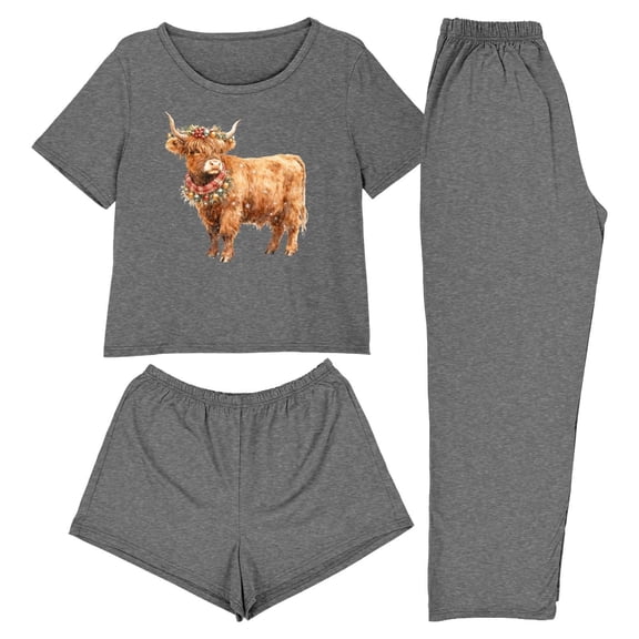 Felirenzacia 3PCS Women's Pajamas Set for Christmas, Lightweight Soft Sleepwear, Casual Printed Loungewear with Pants Short Sleeves Tops And Shorts