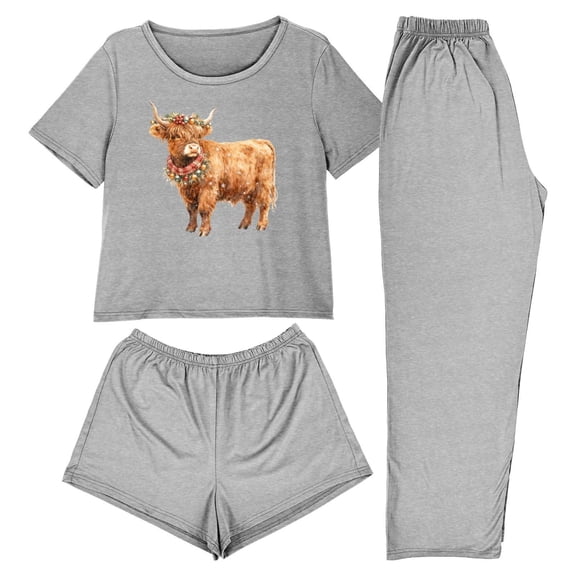 Felirenzacia 3PCS Women's Pajamas Set for Christmas, Lightweight Soft Sleepwear, Casual Printed Loungewear with Pants Short Sleeves Tops And Shorts