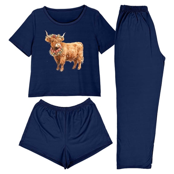 Felirenzacia 3PCS Women's Pajamas Set for Christmas, Lightweight Soft Sleepwear, Casual Printed Loungewear with Pants Short Sleeves Tops And Shorts