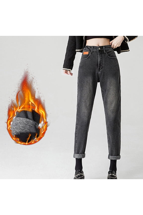 5XL Women's and Women's Plus Fleeced Amanda Jeans, High Waisted Straight Leg Tapered Winter Denim Jeans