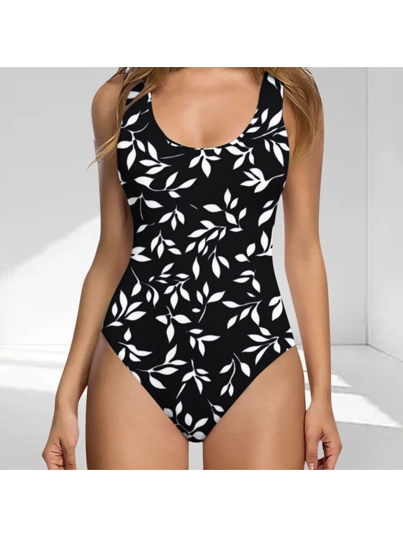 Athletic Back One Piece Swimsuit for Women, Scoop Neck Slimming Tummy Control Push Up Bathing Suit,Black,L