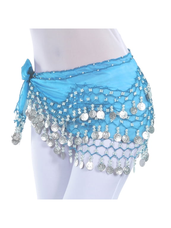 Belly Dance Hip Scarf 158 Gold Coins Dance Skirt, Blue,Free Size