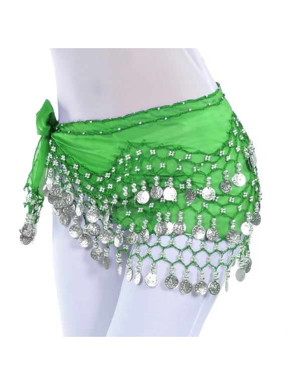 Belly Dance Hip Scarf 158 Gold Coins Dance Skirt, Green,Free Size