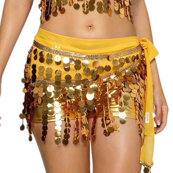 Felirenzacia Belly Dance Hip Scarf, Belly Dance Skirt Wrap Bling Sequins Coins, Gold,Free Size