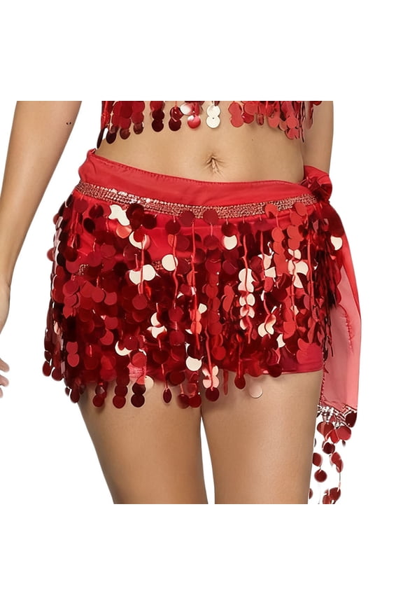 Belly Dance Hip Scarf, Belly Dance Skirt Wrap Bling Sequins Coins, Red,Free Size