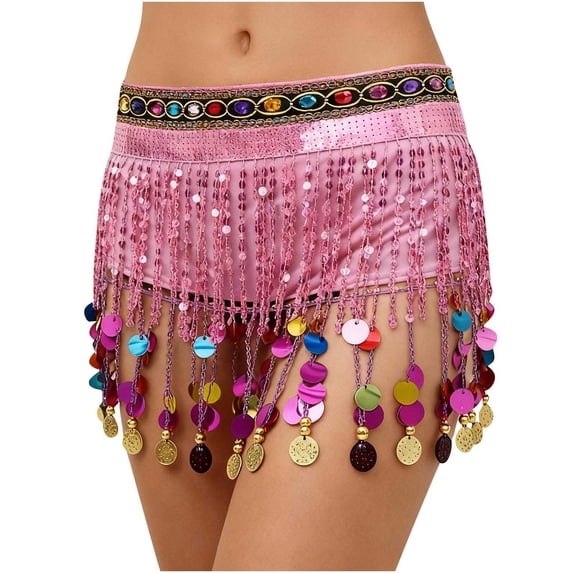 Felirenzacia Belly Dance Hip Scarf Chiffon Skirt Wrap Professional Hip Scarf Skirt Costume with Coins for Yoga Belly Dancing, Pink,Free Size