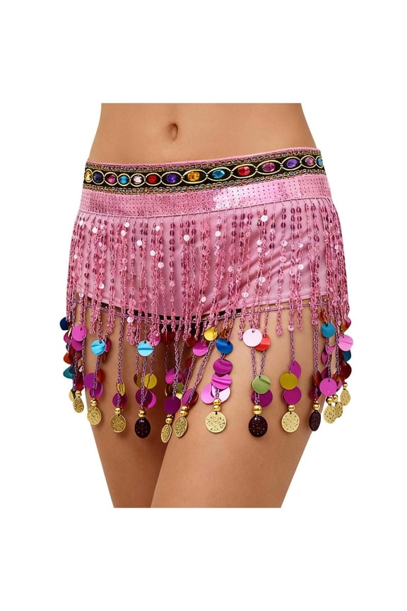 Belly Dance Hip Scarf Chiffon Skirt Wrap Professional Hip Scarf Skirt Costume with Coins for Yoga Belly Dancing, Pink,Free Size