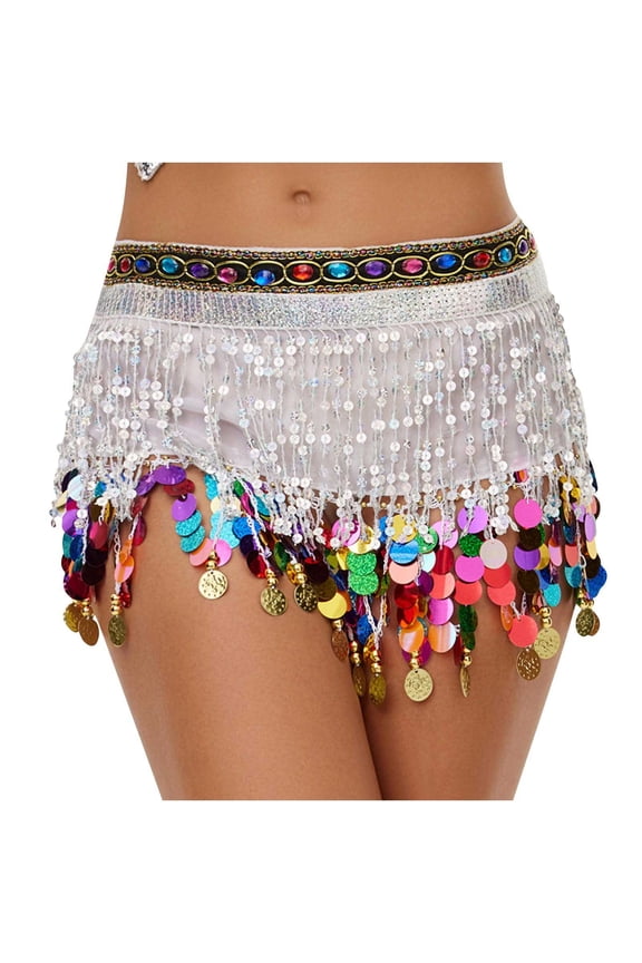Belly Dance Hip Scarf Chiffon Skirt Wrap Professional Hip Scarf Skirt Costume with Coins for Yoga Belly Dancing, White,Free Size