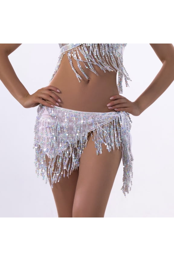 Belly Dance Hip Scarf, Sweet Belly Dance Skirt Wrap Performance Bling Sequins Coins, Belly Dance Costume for Women, White,Free Size