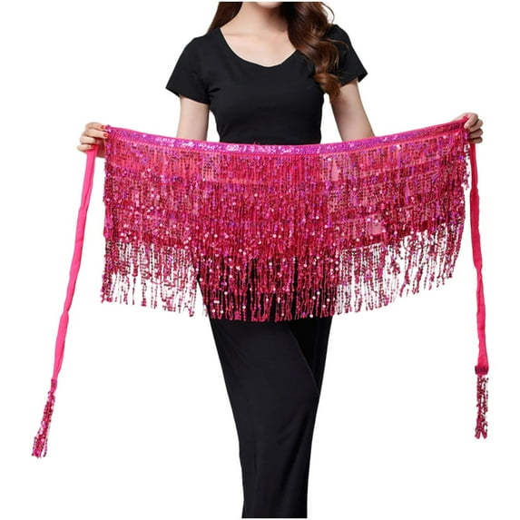 Felirenzacia Belly Dance Hip Scarf, Women's Chiffon Belly Dancing Scarf with 128 Coins for Yoga Class, Hot Pink,Free Size