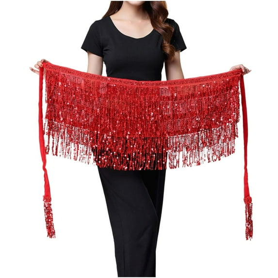 Felirenzacia Belly Dance Hip Scarf, Women's Chiffon Belly Dancing Scarf with 128 Coins for Yoga Class, Red,Free Size