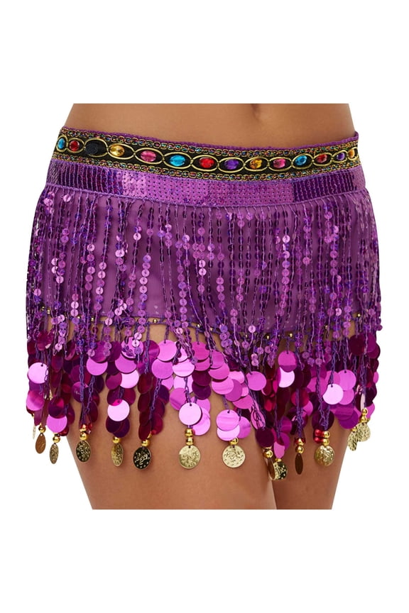 Belly Dance Hip Scarf for Women, Thick Tassels Sequin Fringe Skirt, Purple,Free Size