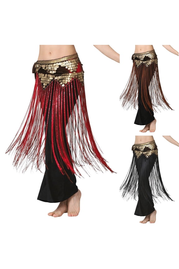Belly Dance Long Fringe Skirt, Golden Coin Sequin Waistband with Long Tassels Dance Skirt, Red,Free Size