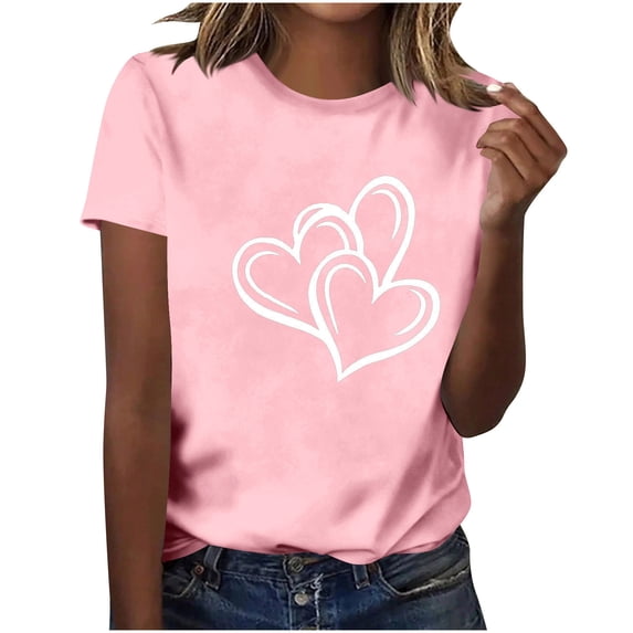Felirenzacia Big and Tall Women's Heart Graphic Short Sleeves Pullover Tee Tops, Summer Casual Cotton T Shirt Valentine's Day Gift for Plus Women Pink,S