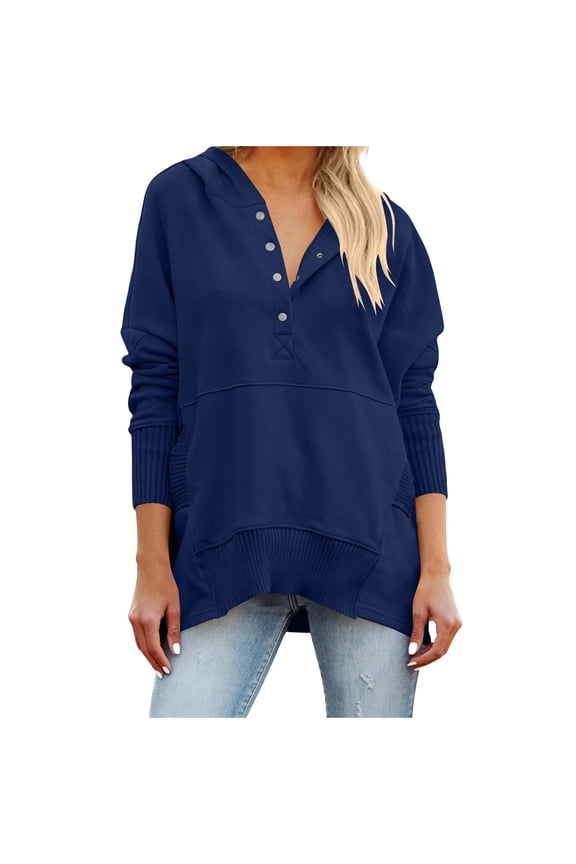 Big and Tall Women's Hoodies, Quartered Button Front Pullover Top for Women, Ribbed Elastic Band Sweatshirt, S-3XL