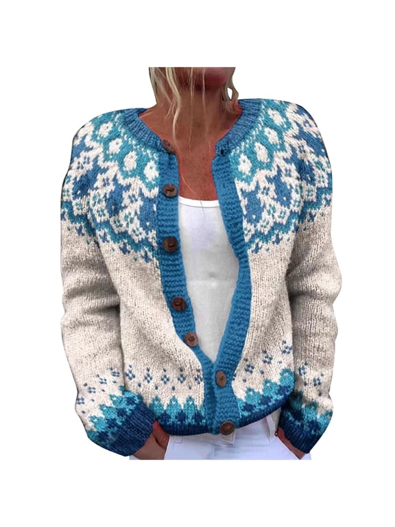 Big and Tall Women's Khaki Sweater Cardigan, Fair Isle Embroidery Knit Outwear Coats, Ugly Elf Sweaters, S-5XL,White,S