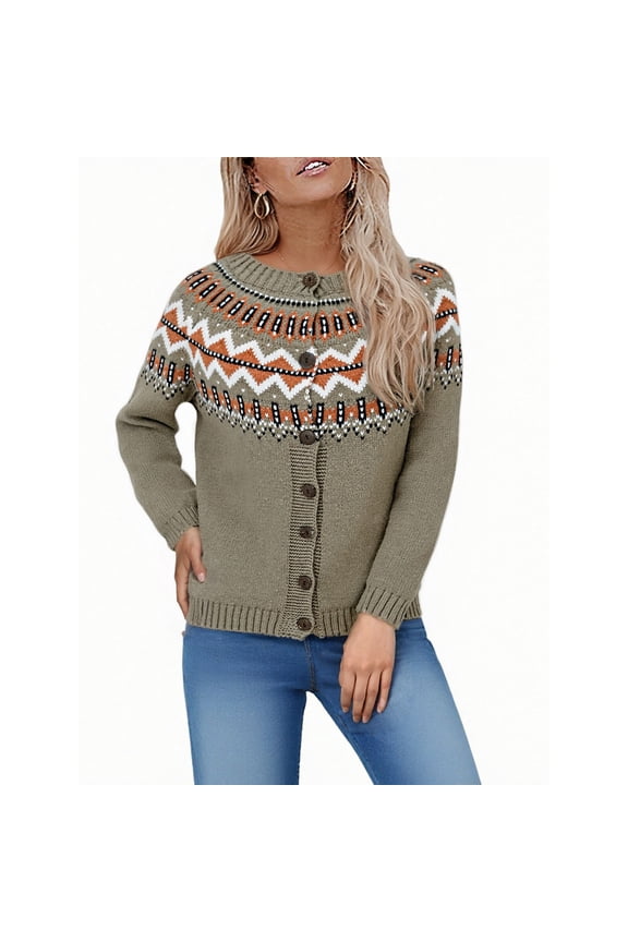 Big and Tall Women's Khaki Sweater Cardigan, Fair Isle Embroidery Knit Outwear Coats, Ugly Elf Sweaters, S-5XL