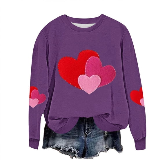 Felirenzacia Big and Tall Women’s Valentine Long Sleeve Pullover, Stylish Heart Graphic Shirt, Purple,S