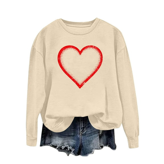 Felirenzacia Big and Tall Women’s Valentine Pullover Sweet Heart Design Cozy Casual Everyday Top, Beige,M